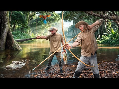 24 HOURS OF SURVIVAL in the AMAZON: BOW FISHING for food! (catch and cook)