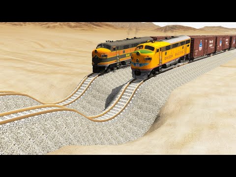 Impossible Pothole Rail Tracks Vs Trains Crossing Giant Pit - BeamNG.Drive