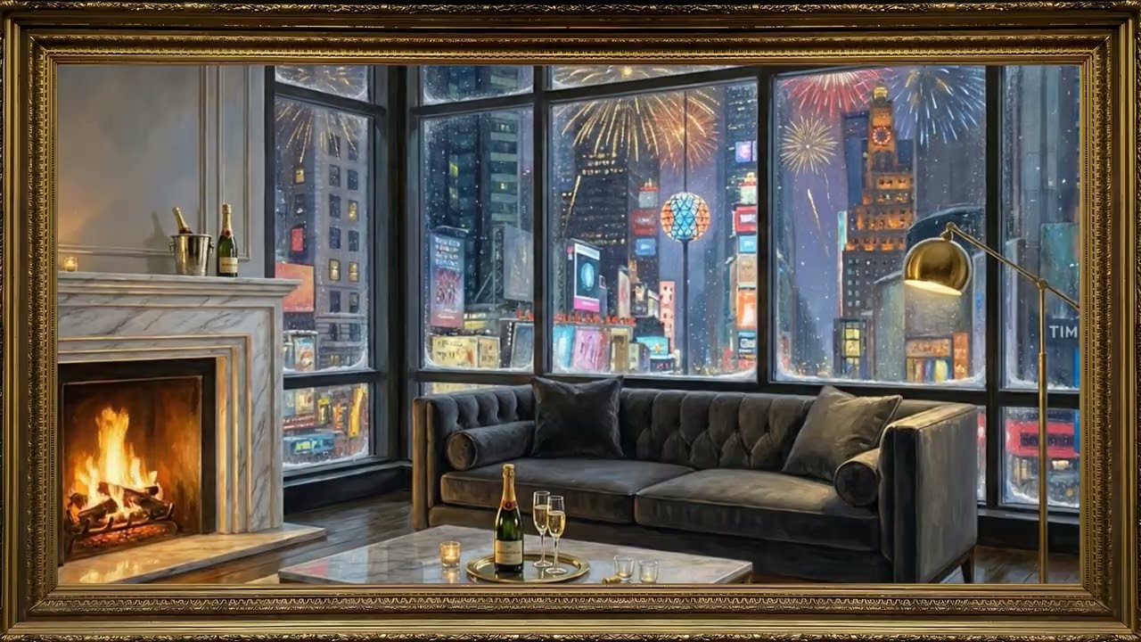Animated NYE Times Square Fireplace Gold Frame TV | 2 Hrs 4K — 4K ambient art screensaver in baroque gold frame