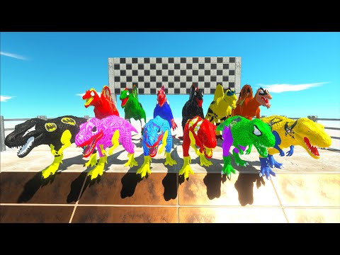 6 Spino vs 6 T-rex Team Batman Dc Marvel Speed Race Death Fall v3 - Animal Revolt Battle Simulator