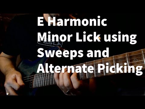 E Harmonic Minor or Phrygian dominant Lick using Sweeps and Alternate Picking