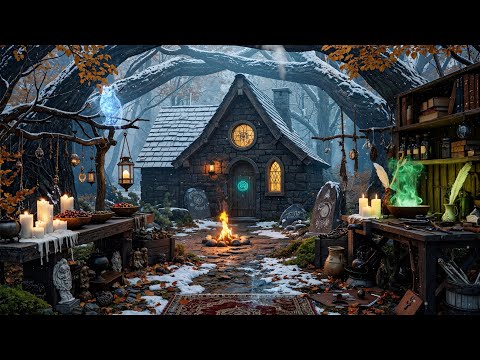 Enchanted Winter Witch Cottage | Crackling Fire, Bubbling Potions & Enchanted Forest Ambience