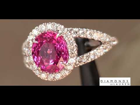 Oval pink Sapphore split shank halo ring R5367