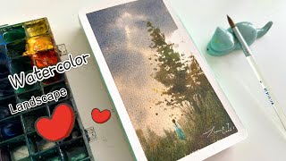 Watercolor landscape painting, little girl returning home at dusk