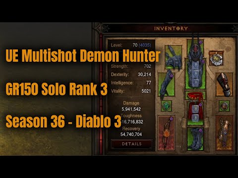 Season 36 UE Multishot Demon Hunter GR150 Solo Rank 3 - Diablo 3