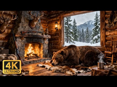 Hunter’s Cabin Fireplace Ambience | Country Music, Fire & Winter Wind Sounds for Relaxation & Sleep