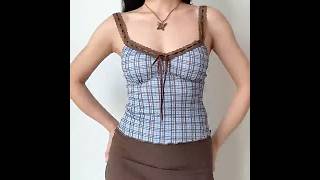 Sinora - Set: V-Neck Plaid Lace Trim Crop Cami Top + Round Neck Button-Up Cardigan