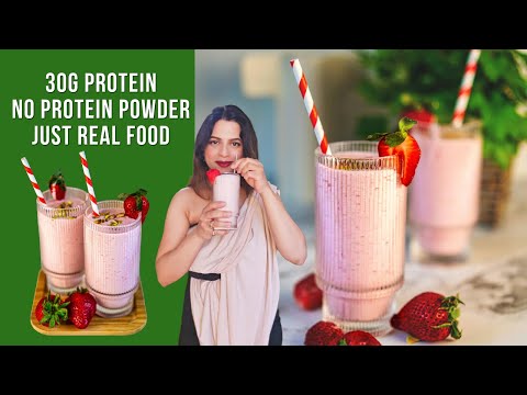 30g Protein Strawberry Smoothie – No Protein Powder Needed! Healthy Drink That Tastes Like Dessert