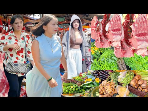 Food Market Walking Tour! CAMBODIAN Street Food, Fresh Vegetable, Fruit & Meat at Chbar Ampov Market