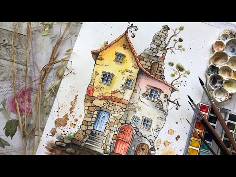 Watercolor Whimsical house. FAST painting