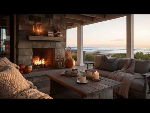 Cozy Fall Fireplace Ambience with Crackling Fire & Ocean Waves ASMR | Relaxation & Focus Sounds