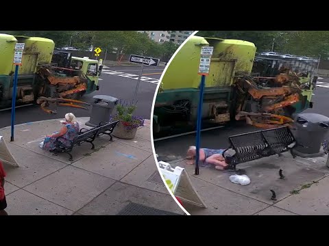 Garbage truck tosses woman from bench in wild video