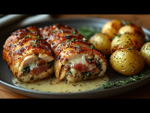 Pan-Seared Chicken Breast with Parma Ham, Spinach & Gruyère, Roasted Rosemary Potatoes and White Wine Cream Sauce