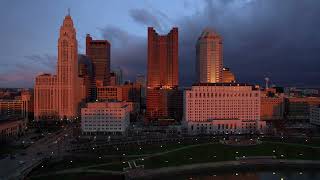 Downtown Columbus, Ohio.  The Scioto Mile 4k Drone Footage