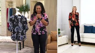 Susan Graver Printed Sheer Clip Jacquard Button Front Puff-Slv Blouse on QVC