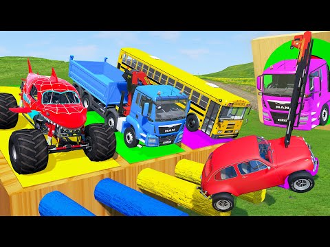 Funny Cars vs Portal Trap with Slide Color and Tractor Truck Transporting Cars with BeamNG