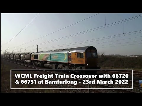 WCML Freight Train Crossover with 66720 & 66751 at Bamfurlong - 23rd March 2022