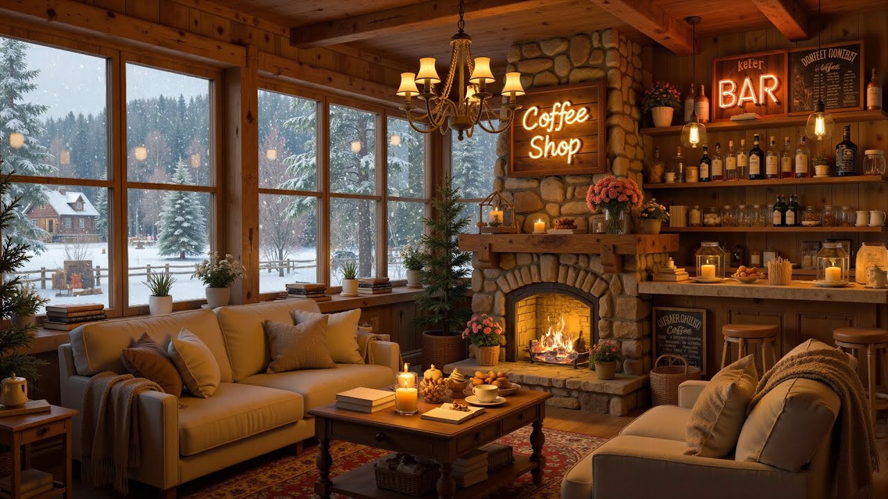 Smooth Jazz Instrumental Music with Cozy Coffee Shop and Fireplace ☕Jazz Music for Work, Study