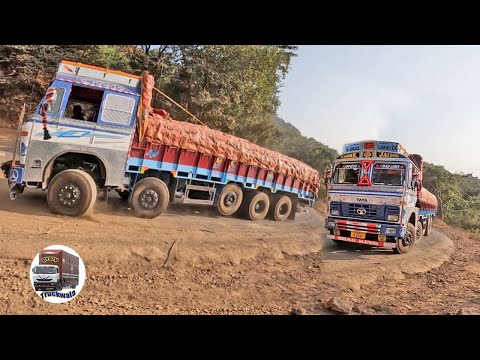 Ghat Road : Cars Crossing Heavy Loaded Truck 14 Tyres Lorry Driving Stopped on Ghat Roads U Turning