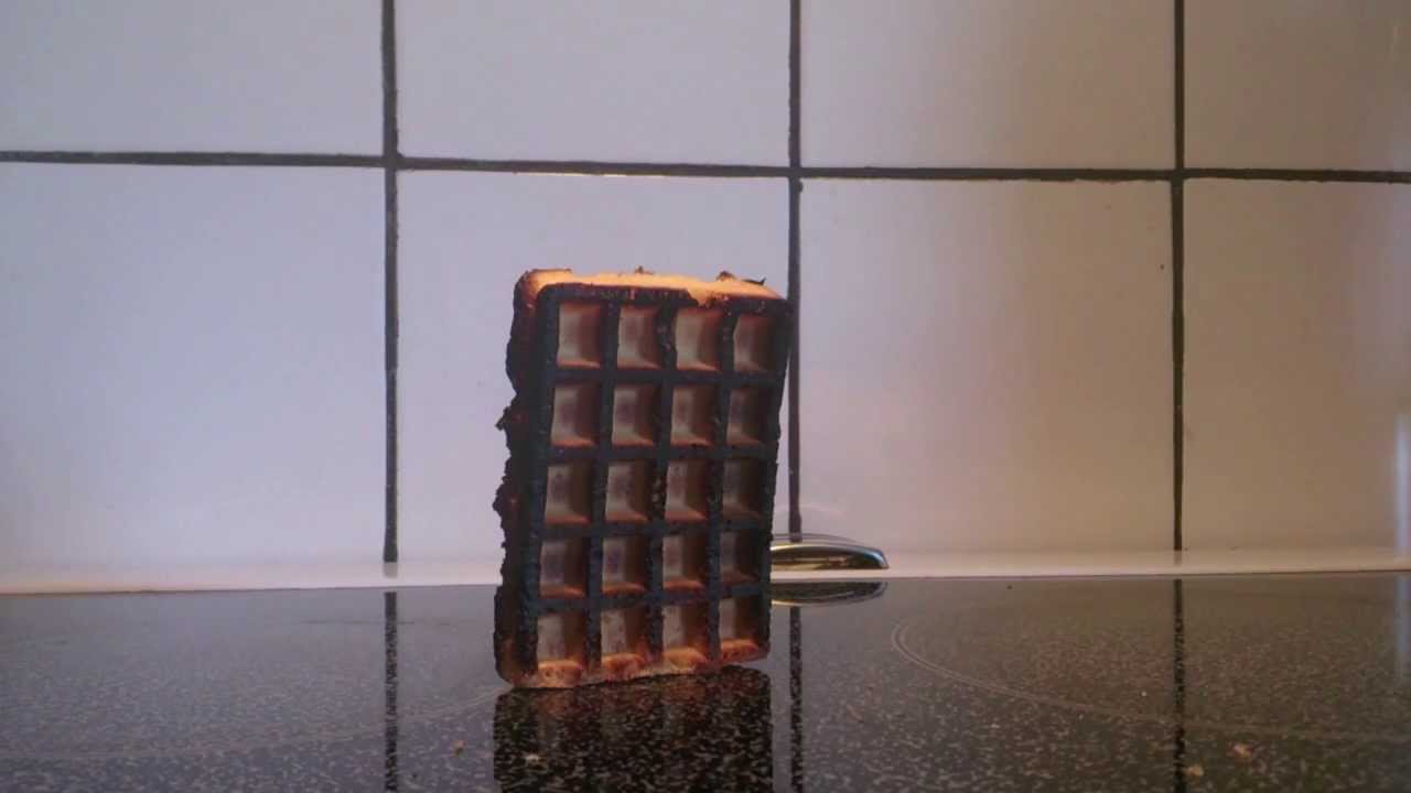 Burnt waffle falling over