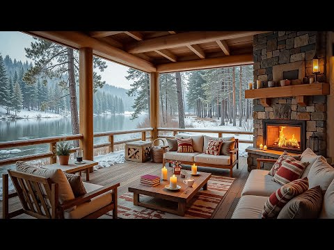 Winter Day in a Cozy Lakeside Porch ❄ Warm Jazz Music with Fireplace Ambience for Study, Work