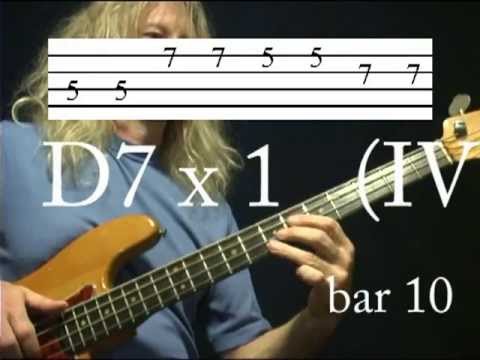 Easy for beginner, learning to play 12-bar blues on Bass Guitar.