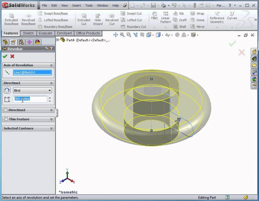 SolidWorks Tutorial -  Basic exercise demonstrating revolve and revolved cut features
