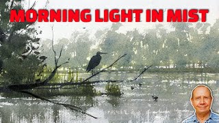 Misty morning light over river step by step watercolor tutorial. Watercolour painting lesson.