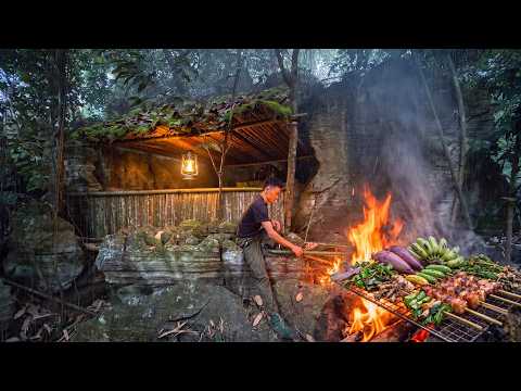 7 Days Off-Grid Alone | Building a Forest Shelter & Cooking Overnight