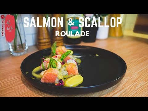 Salmon with Scallop | Salmon Roulade, Scallop & Prawn Mousse, Spinach Beurre Blanc and Lemon Puree.