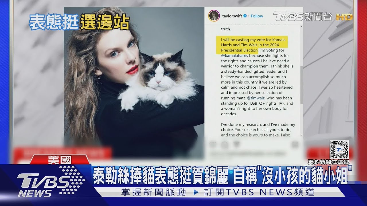 泰勒絲捧貓表態挺賀錦麗 自稱「沒小孩的貓小姐」