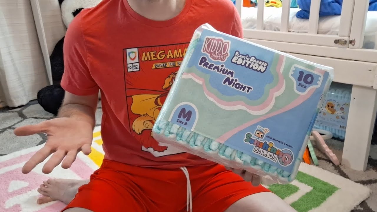 Kiddo Premium Night plastic backed adult diapers, same cute print but now they have crinkly plastic