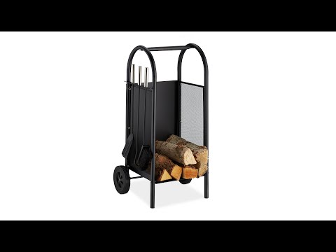 Kaminholzwagen mit Besteck Schwarz - Metall - Kunststoff - 42 x 81 x 37 cm