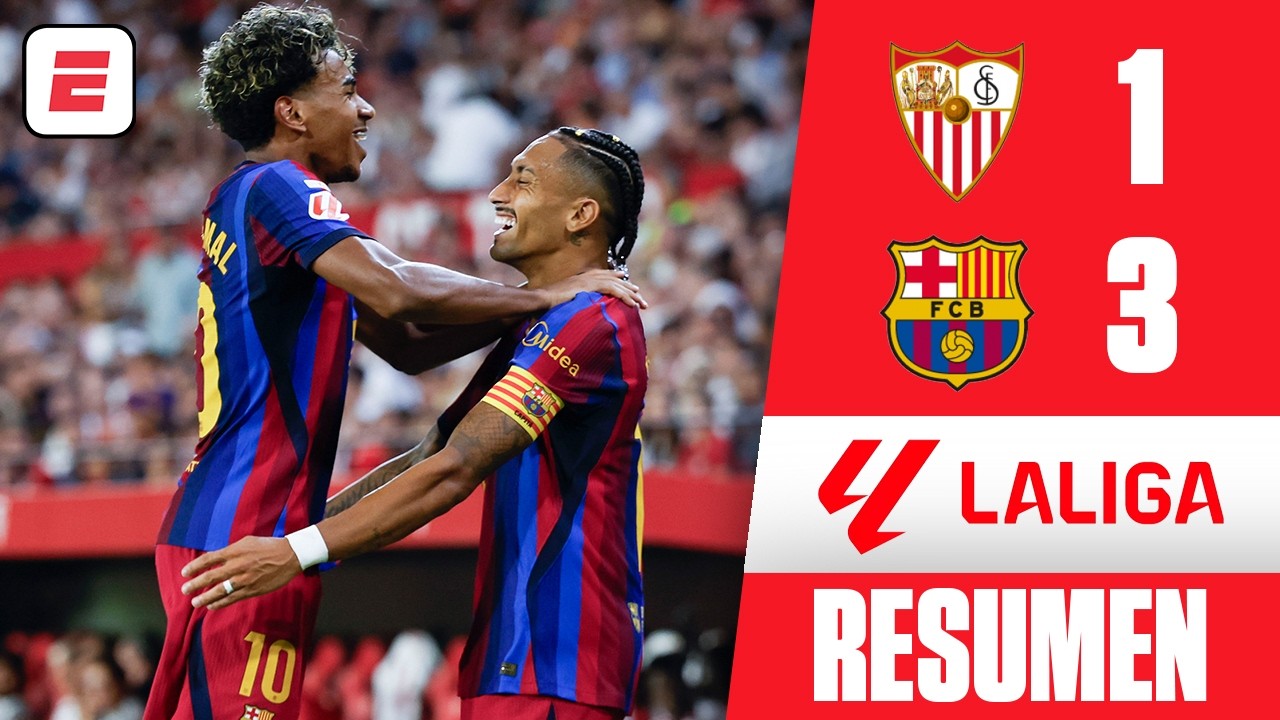 BARCELONA le ganó al SEVILLA. SHOW de RAPHINHA con HAT-TRICK y asistencias de LAMINE YAMAL | La Liga