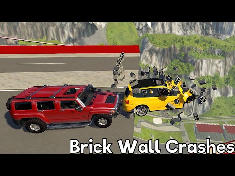 Open Bridge Jumps Through Brick Wall - BeamNG drive Car Hitting a Wall Crash Test