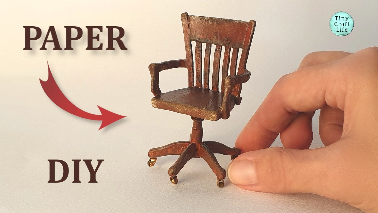 Tiny Author's Chair;  OLD & WELL-LOVED #Minis #MiniSwivelChair #StudyChair #CardboardArt #TinyChair