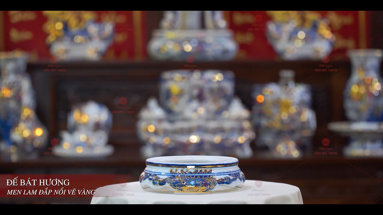 Đế Bát Hương Men Lam Nổi Vẽ Vàng Kim