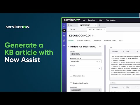Generate a KB article from similar incidents by using Now Assist