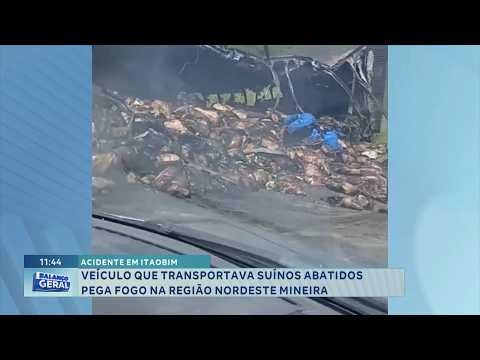 Itaobim: Veículo que transportava suínos abatidos pega fogo na região Nordeste de Minas.