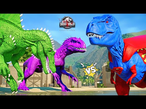Superman Tyrannosaurus Rex vs Pink I-Rex, Red King Shark, Green Spinosaurus Dinosaurs Fight - JWE