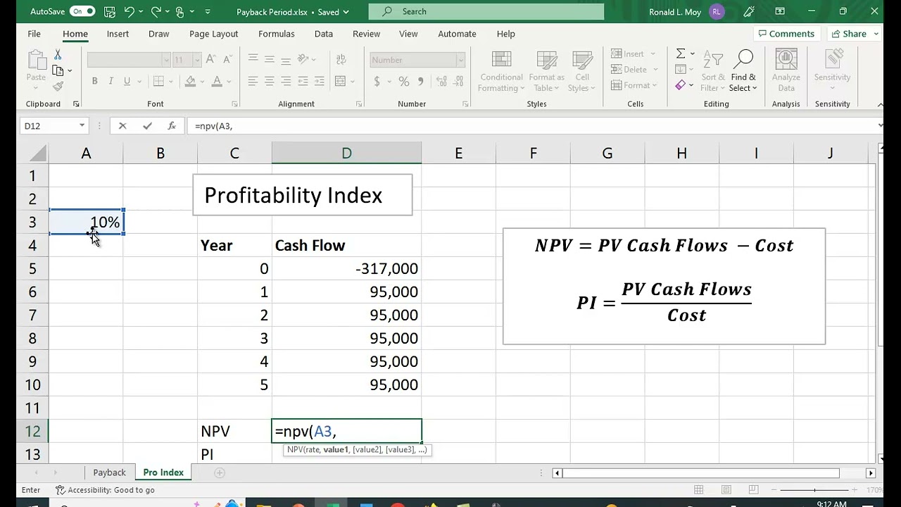 Computing Profitability Index in Excel