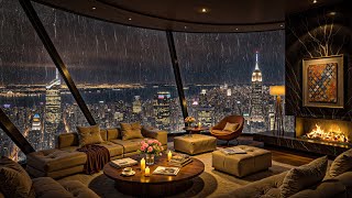 🎶 Smooth Jazz at Night 🌧️🔥 Cozy Bedroom Fireplace with Rainy City View for Deep Sleep