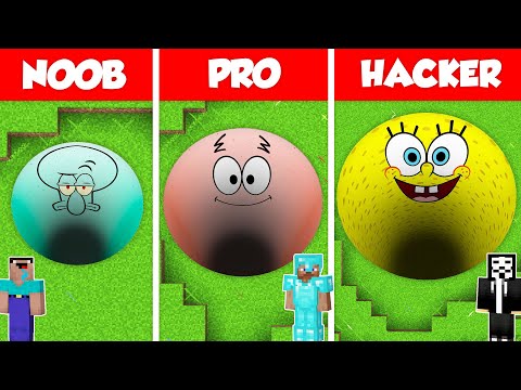 SPONGEBOB TUNNEL BASE PIT HOUSE BUILD CHALLENGE - NOOB vs PRO vs HACKER / Minecraft Battle Animation