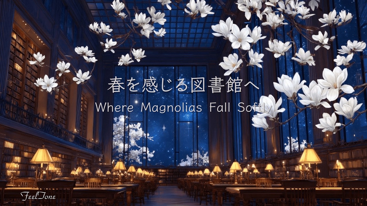 【夜BGM】春を感じる図書館へ｜木蓮の夜のピアノ｜リラックス・読書・作業に