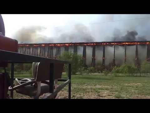 Railroad Bridge in Fire Collapses like Dominoes