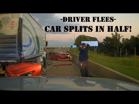 Lady flees from Traffic Stop - Slams into box truck splitting car in half! (Arkansas State Police)