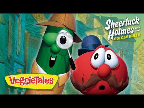 VeggieTales poster featuring a cucumber detective with a magnifying glass and a mustached red tomato, title 'Sheerluck Holmes and the Golden Ruler'