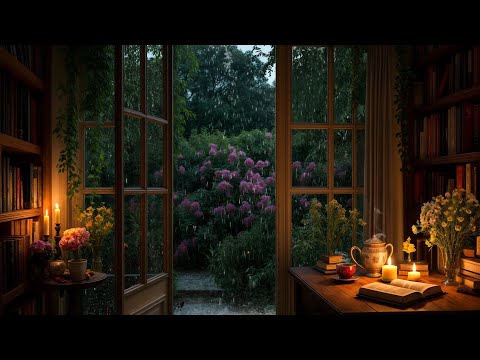 Morning Thunder Rain in the Library Room: Hot Tea and Focused Study Time | LIVE 24/7