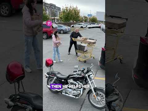 Unexpected Hero: Biker Helps Pick Up Her Groceries! #shorts