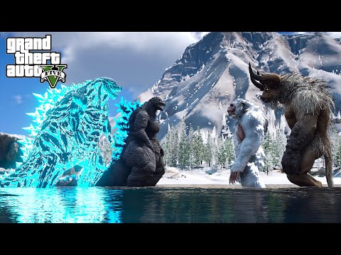Godzilla Earth, Godzilla Ride vs Minotaur, Giant Yeti Epic Fight ( GTA V Mods )